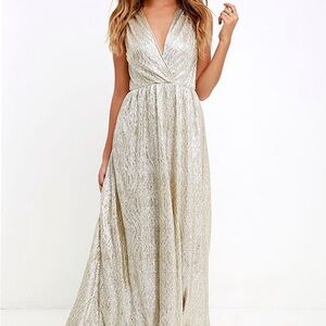 Lulu's Metallic Gold Maxi Dress with Deep V-Neck